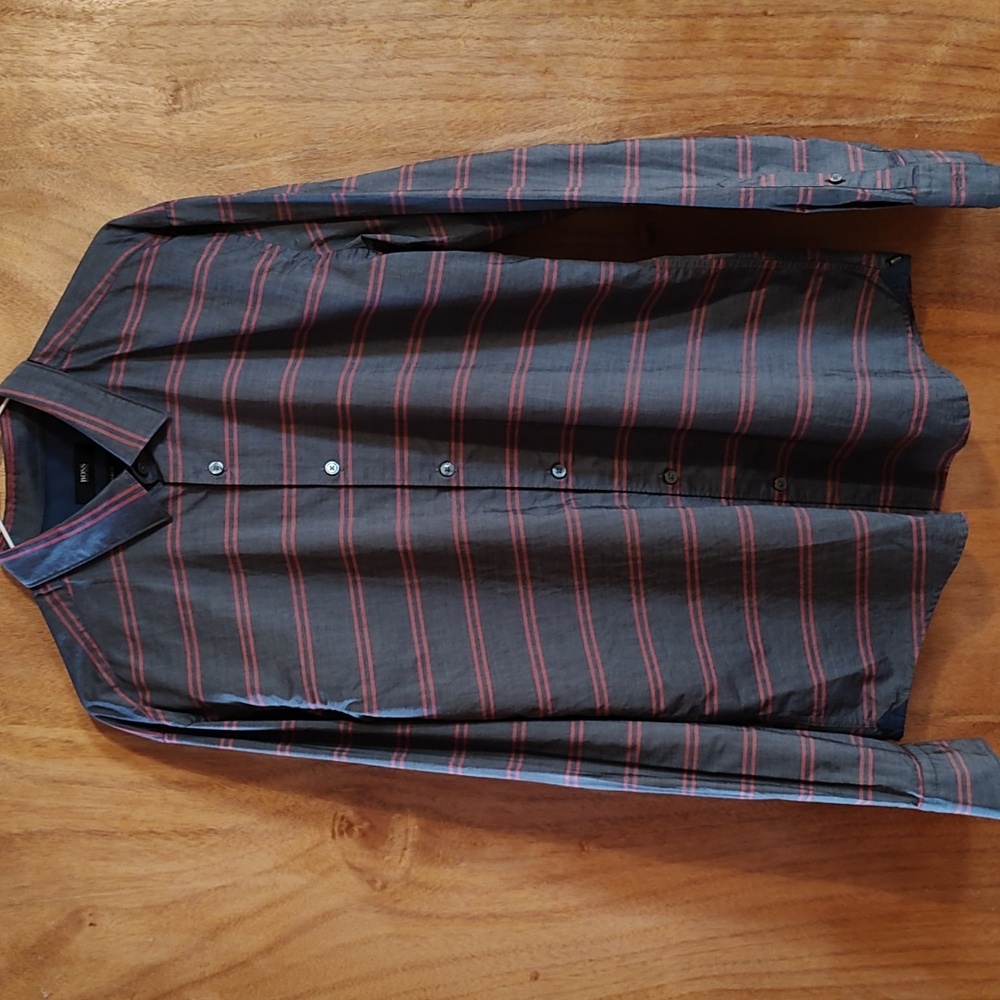 BOSS Hugo Boss Slim Fit Button-Up Shirt Charcoal Pink Stripe w/ Sheen Cotton XL